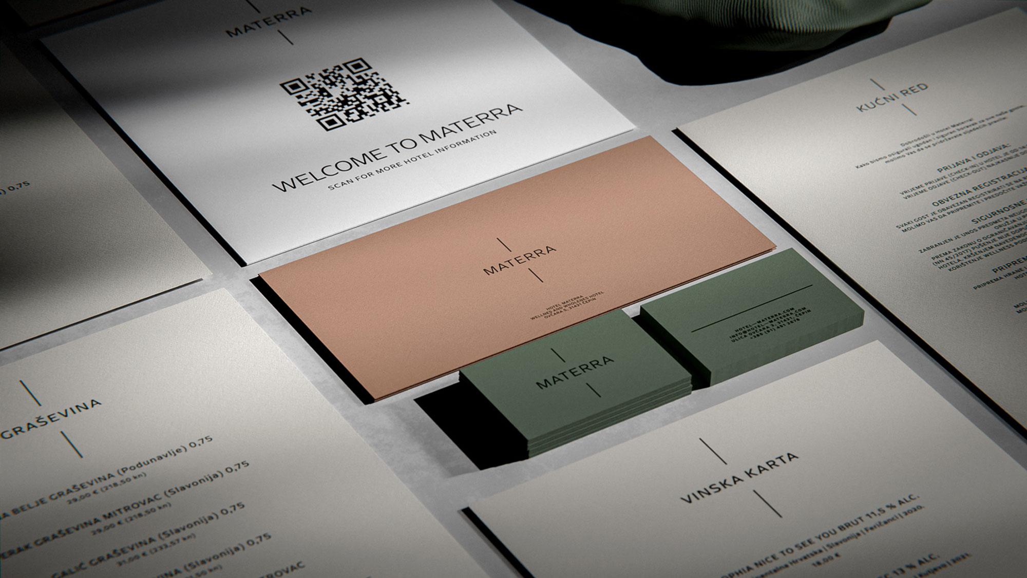 Business cards, short letter and menu with the label: Welcome to Materra