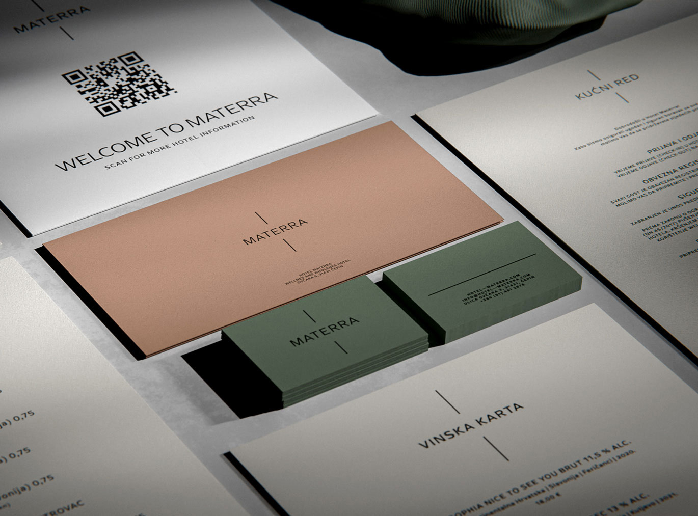 Business cards, short letter and menu with the label: Welcome to Materra