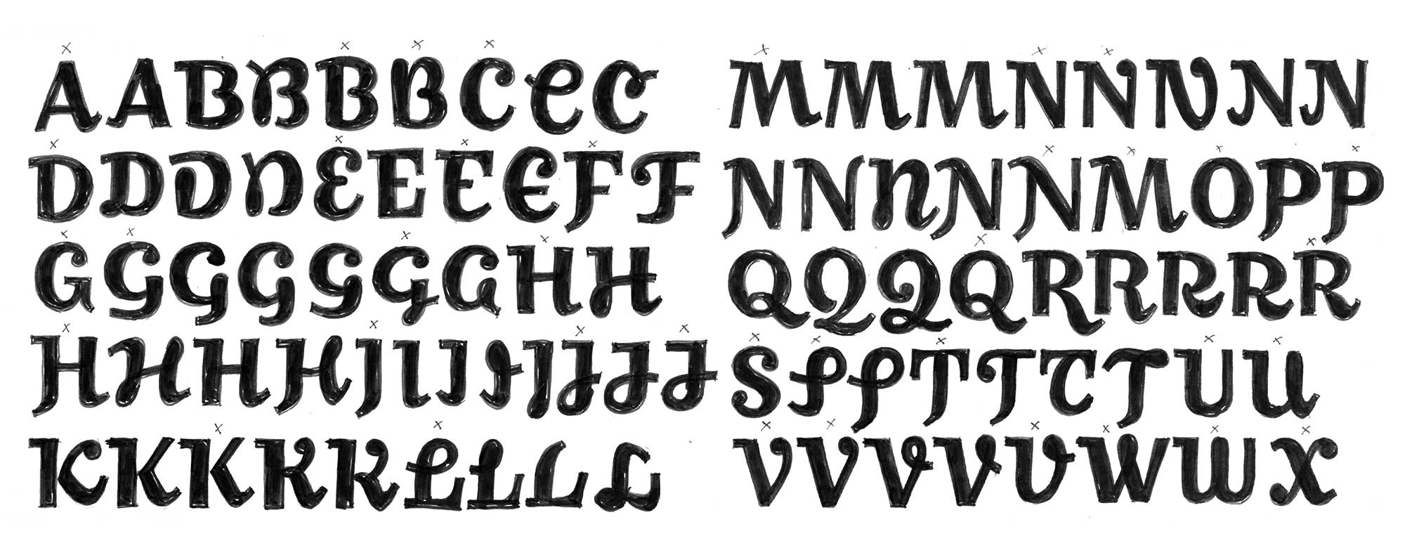 Various versions of the uppercase letters A to X
